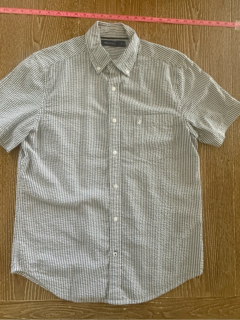 Nautica Navy and White Striped Short-Sleeve Button-Down Shirt